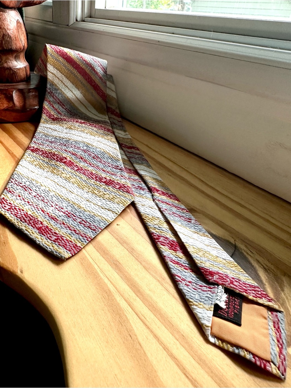 1970's Bachrach Wide Striped Tie in Cream, Red & Light Blue - Picture 7 of 7